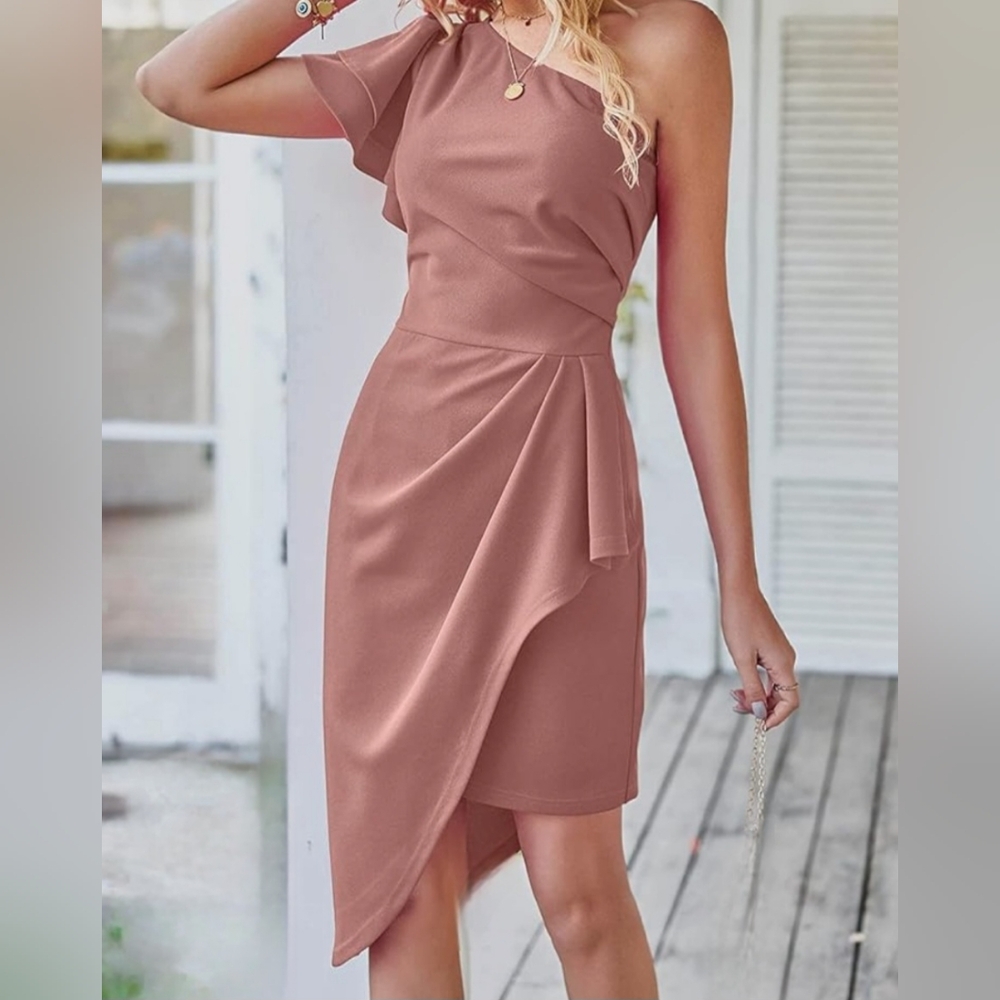 One-Shoulder Asymmetrical Midi Dress in Dusty Rose